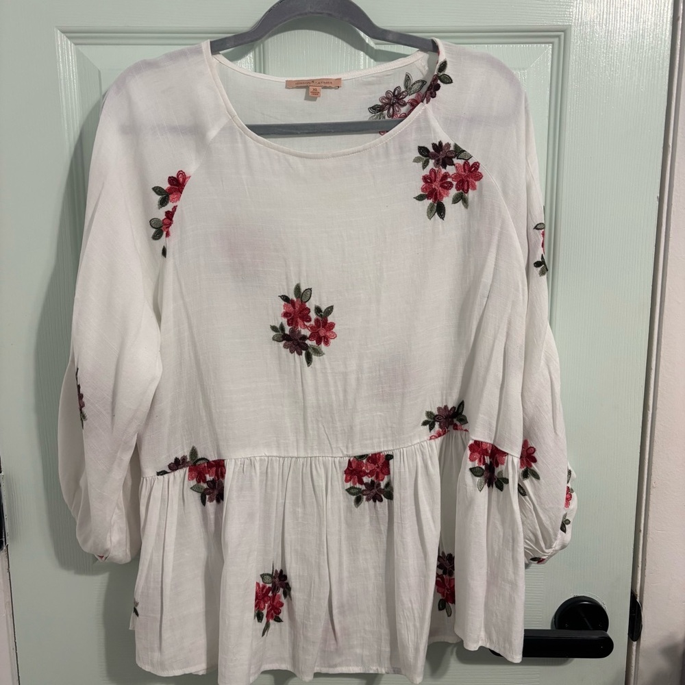 Floral White Top with Red Accents